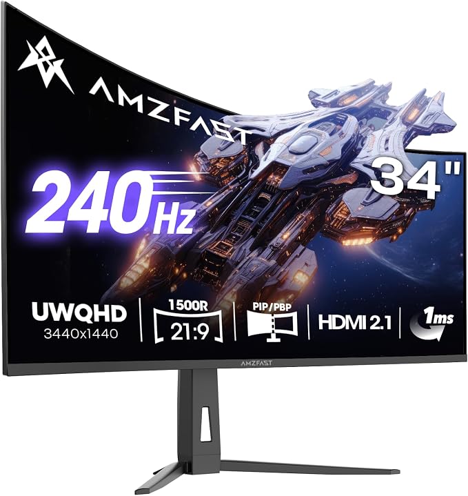 Amzfast 34 Inch Curved Monitor 240Hz UWQHD (3440x1440) Gaming Monitor, 1ms G-SYNC Compatible, 1500R, PIP/PBP, HDR400, 96% DCI-P3, Tilt/Swivel/Height Adjustable, TÜV Rheinland, HDMI 2.1, AMZG34C8 Pro by Amzfast
