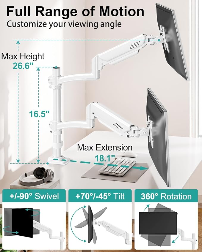 Dual Monitor Stand for 2 Screens up to 32 inch, Vertical Stacked Dual Monitor Mount, Full Motion Adjustable Tall Double Monitor Desk Mount, Each Arm Holds 4.4-22lbs, VESA 75/100mm, White, Freelift - Image 2