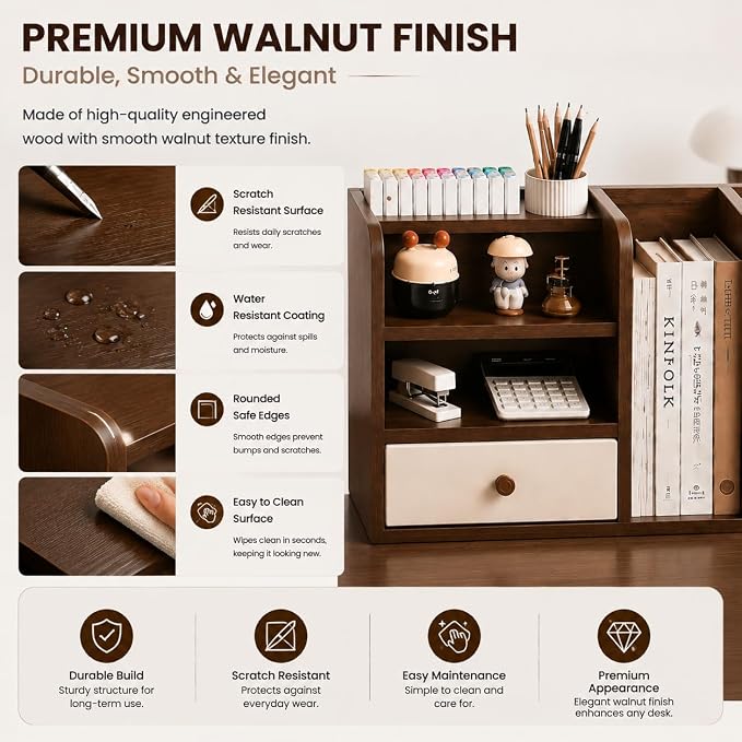 Desktop Organizer with Drawer & Dual File Compartments, Multi-Functional MDF Desk Storage Rack with 3-Tier Shelves and Pen Holder, Space Saving Desk Organizer 22.0×10.6×6.7 Inch for Study Room - Image 4
