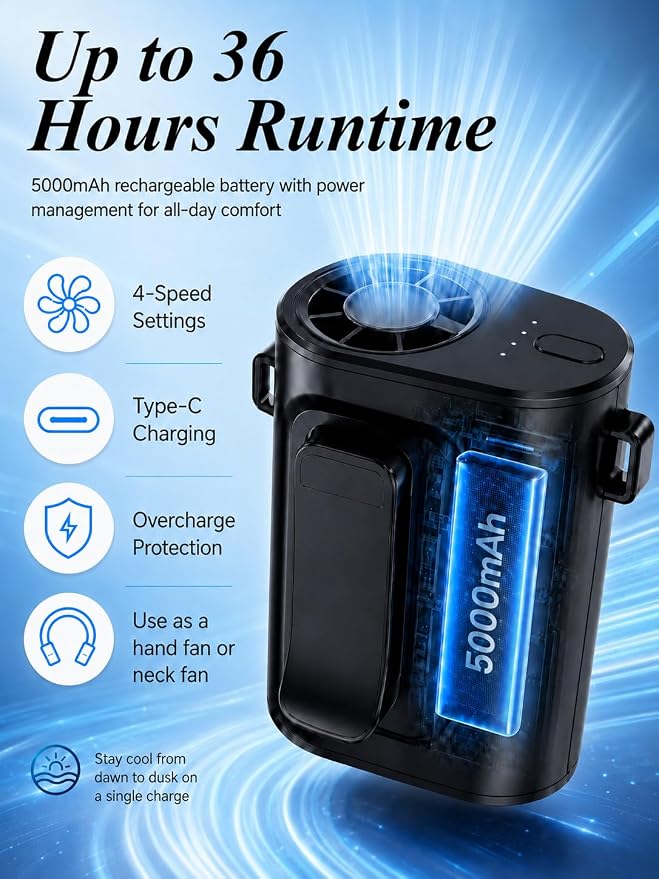 Waist Fan Portable Ultra Lightweight Design | Belt Clip on Fan for Shirt, Up to 36H Runtime, High Speed 18000RPM Strong Airflow, Neck Body Fan Camping Essentials - Image 4