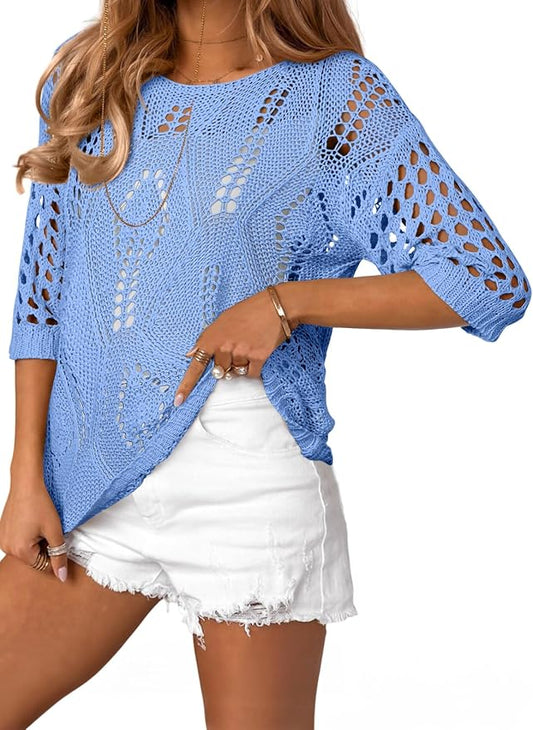 EVALESS Womens Crochet Hollow Out Knit Tops Half Sleeve Spring Summer Sweaters Beach Cover Ups for Women Trendy 2026 by EVALESS
