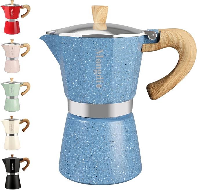 Mongdio Stovetop Espresso Maker Moka Pot, Cuban Coffee Maker Stove top coffee maker Moka Italian Espresso Greca Coffee Maker Brewer Percolator, 6 Espresso Cups, 10 oz - Blue by Mongdio