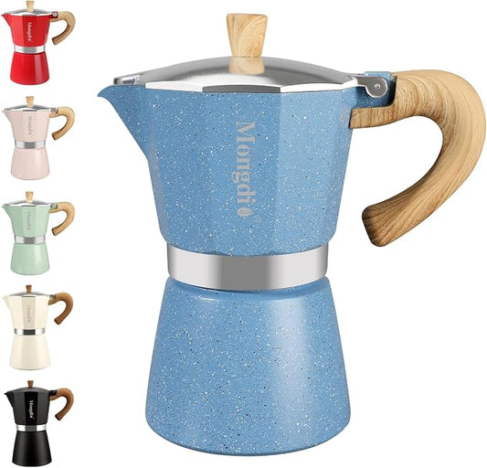 Mongdio Stovetop Espresso Maker Moka Pot, Cuban Coffee Maker Stove top coffee maker Moka Italian Espresso Greca Coffee Maker Brewer Percolator, 6 Espresso Cups, 10 oz - Blue by Mongdio
