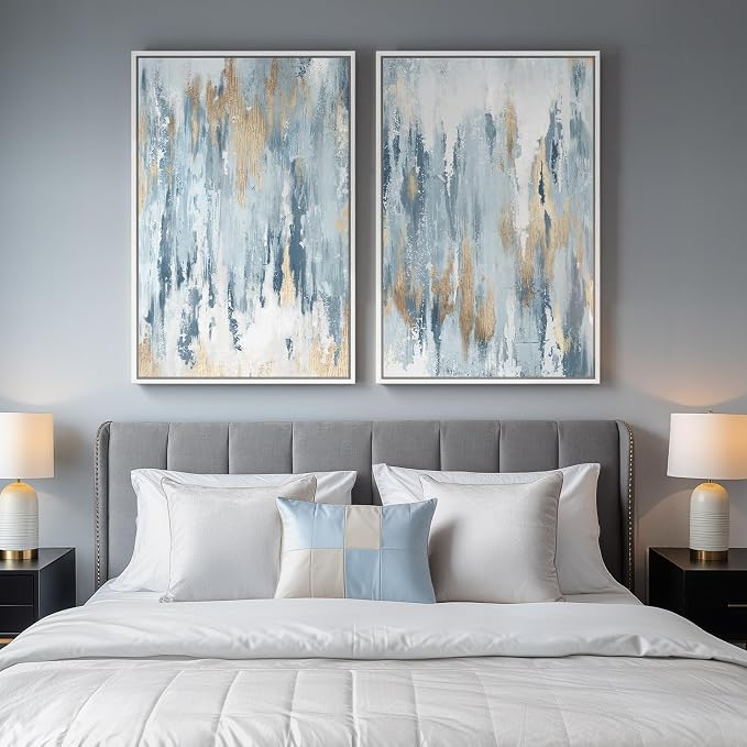 Large White Framed Blue and Gold Abstract Canvas Wall Art for Living Room, 2 Piece Modern Minimalist Prints Paintings Artwork for Walls, Glitter Pictures for Hallway Dining Bedroom Wall Decor 24x36 In - Image 4
