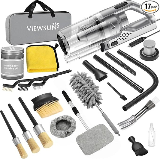 Car Cleaning Kit, 17PCS Car Interior Detailing Kit with Gray High Power Handheld Vacuum, Detailing Brush Set, Windshield Cleaner, Cleaning Gel, Complete Auto Accessories for Men, Women by Viewsun