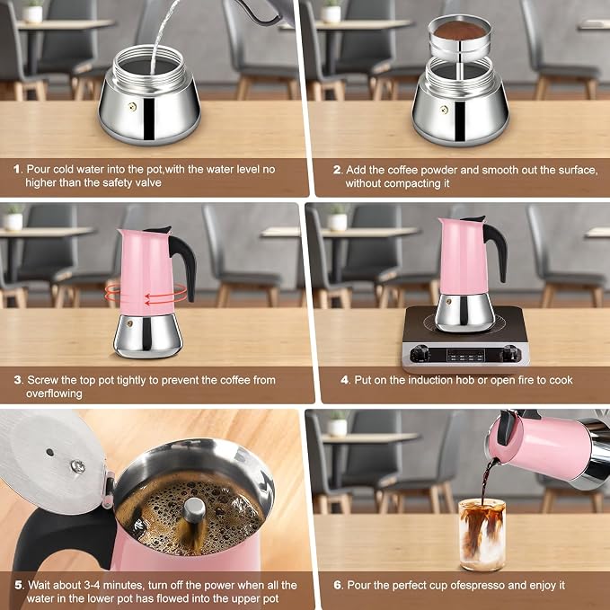4 Cup Stovetop Espresso Maker Stainless Steel Moka Pot Stove Top Percolator Italian Coffee Makers Capable Mocha Greca Machine Cafe Classic Induction Cookers for Home and Camping 200ml 6.6oz - Image 9