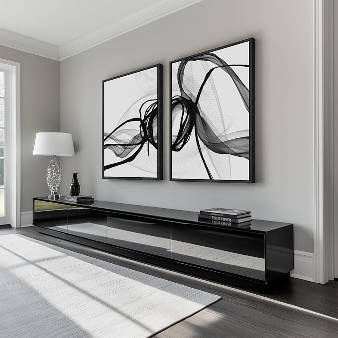 Large Framed Black and White Abstract Wall Art for Living Room, Set of 2 Modern Canvas Prints Paintings Artwork for Walls, Minimalist Lines Pictures for Dining Room Bedroom Office Wall Decor 24x36 In - Image 2