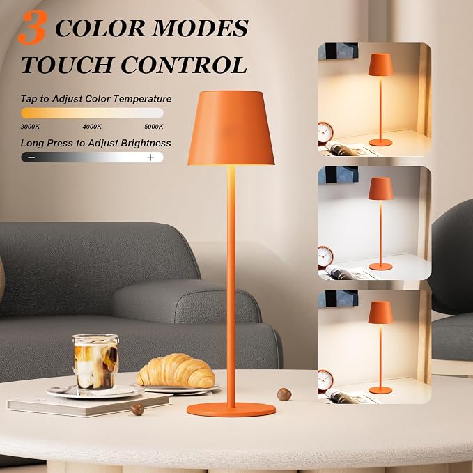 Kakanuo Cordless Table Lamp Rechargeable Orange - KK 2 Pack 5000mAH Battery Operated Lamp for Counter, 3 Color Stepless Dimming Wireless Lamp for Dining Kitchen, Outdoor Patio, Touch Control - Image 2