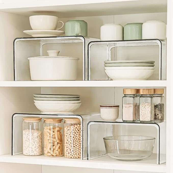 Bobomoment Clear Cabinet Organizer, Stackable Shelf Organizer Set of 4 | Kitchen Pantry Organizers and Storage, Display Cabinet Shelf Countertop Desk Shelves, Patented Spice Organization - Image 9