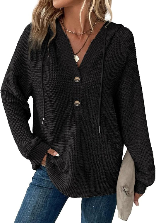 Dokotoo Hoodies for Women Waffle Knit Long Sleeve Drawstring Button V Neck Casual Sweatshirt Hooded Tops Fashion Clothing by Dokotoo