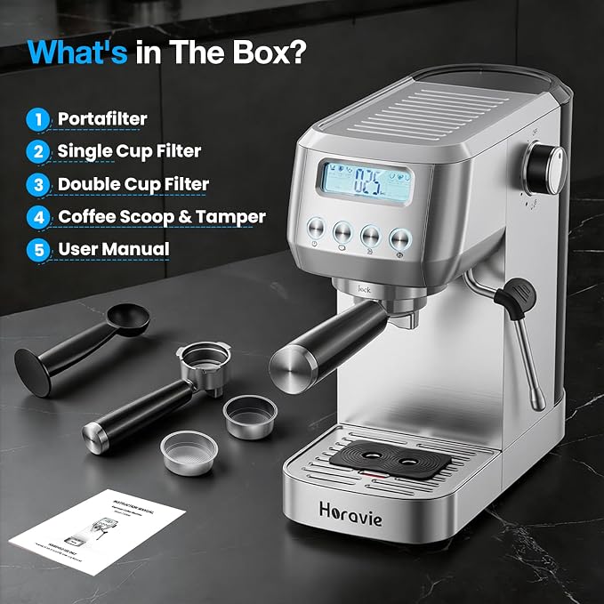 Horavie Ultra Espresso Machine with LCD Display, Espresso Maker with Powerful Milk Frother, Customizable Brewing Temperature, Professional Cappuccino & Latte Machine, Gift for Men & Women - Image 7