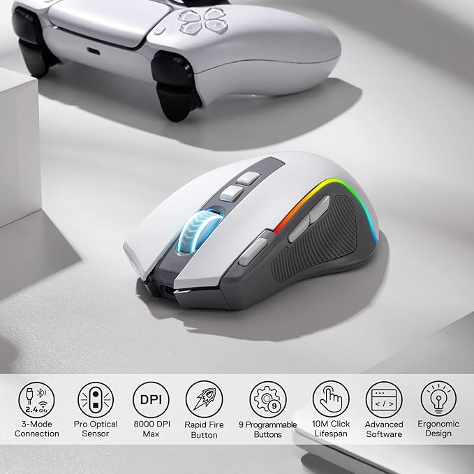 Redragon M612 Wireless RGB Optical Gaming Mouse 8000 DPI Remapping Keys | Cable-Free 0 Delay, Redefine Keybinding Macro, Vibing Backlight, Ergonomic Grip Body Comfort - Image 2