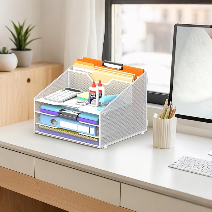 Desk File Organizer, 4 Letter Trays and 2 Upright Sections, White | Paper Organizer for Desk with Tiered Letter Trays and Vertical File Holders for Home Office, School and Workspace Use - Image 7