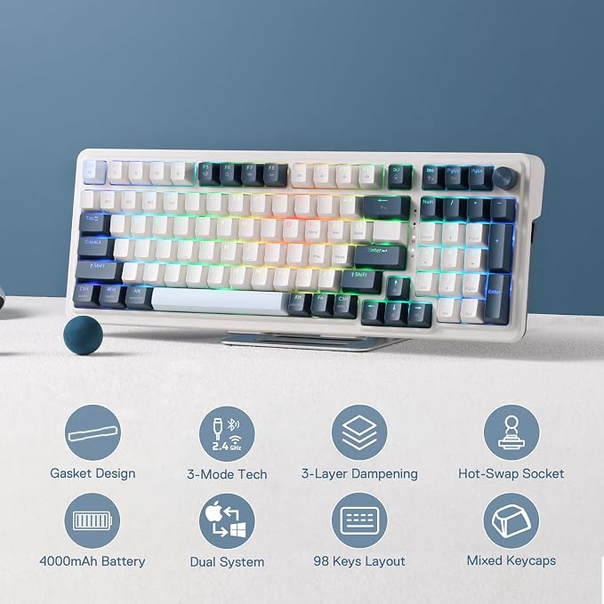 Redragon K686 PRO Wireless RGB Gasket Gaming Mechanical Keyboard, Easy Knob | Multi-Function Control Wheel, 0-Delay Tri-Mode, Cushioned 5-Layer Noise Dampening for Creamy Thocky Sound, Practical 98 Keys - Image 2
