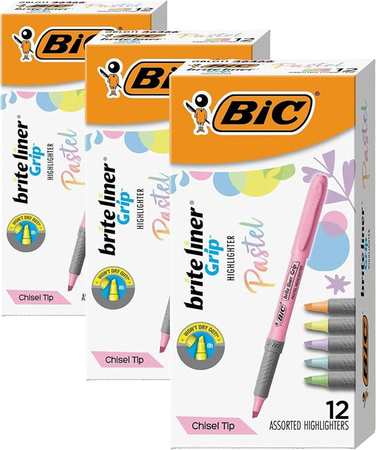 BIC Brite Liner Grip Pastel Highlighter Set, Chisel Tip, 12-Count Pack of Pastel Highlighters in Assorted Colors, Cute Highlighters for Bullet Journaling, Note Taking and More (Pack of 3) by BIC