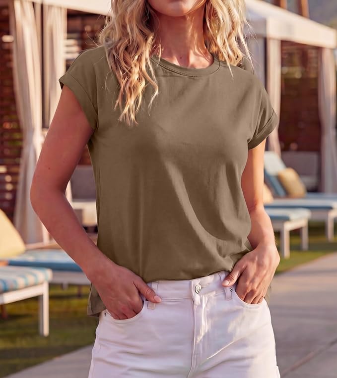 GRECERELLE Womens Summer Tops Cap Sleeve Crew Neck Basic T-Shirt | Everyday Casual Wear, Layering Friendly, Wrinkle-Resistant, Business Casual Ready, Lightweight & Packable, Capsule Wardrobe - Image 2