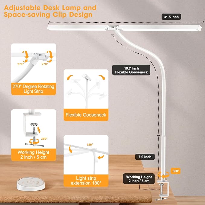 Pzloz Led Desk Lamp for Office Home - Eye Caring Architect lamp with Clamp,Dual Screen Computer Monitor Work Smart Light: 24W 5 Color Flexible Adjustable Lighting Table Lamp for Study White - Image 5