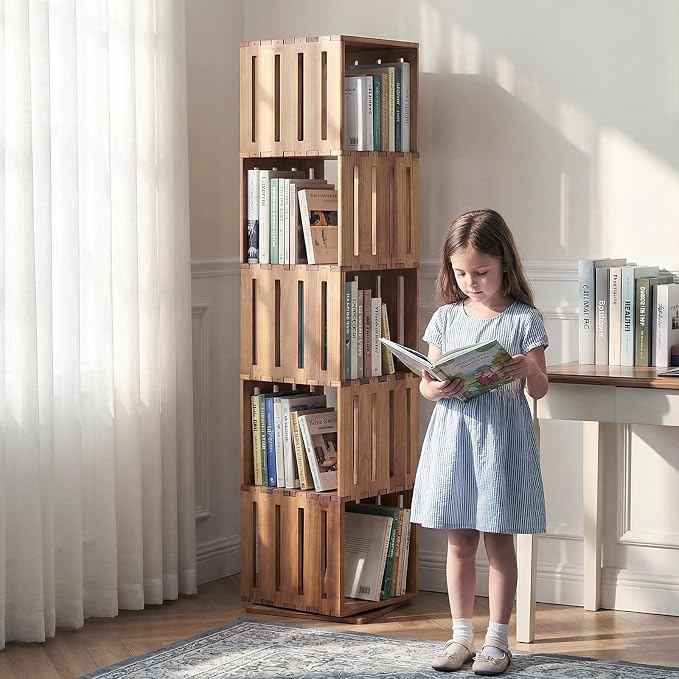 Wooden Rotating Bookshelf, 360°Spinning Deep-Bin Tower for Art Books&Large Formats, Solid Wood Revolving Bookcase, Floor Standing Storage Rack,Corner Organizer,Small Space,study,Office, 5-Tier by unununu