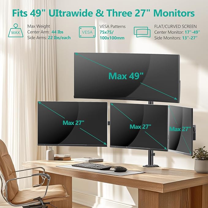 WALI Quad Monitor Mount for up to 49 inch Ultrawides on Top Bracket and 27 inch Screens on Lower Brackets, Extra Tall 4 Monitor Stand, Heavy Duty Monitors Arm up to 44 lbs (M004S-P), Black - Image 2