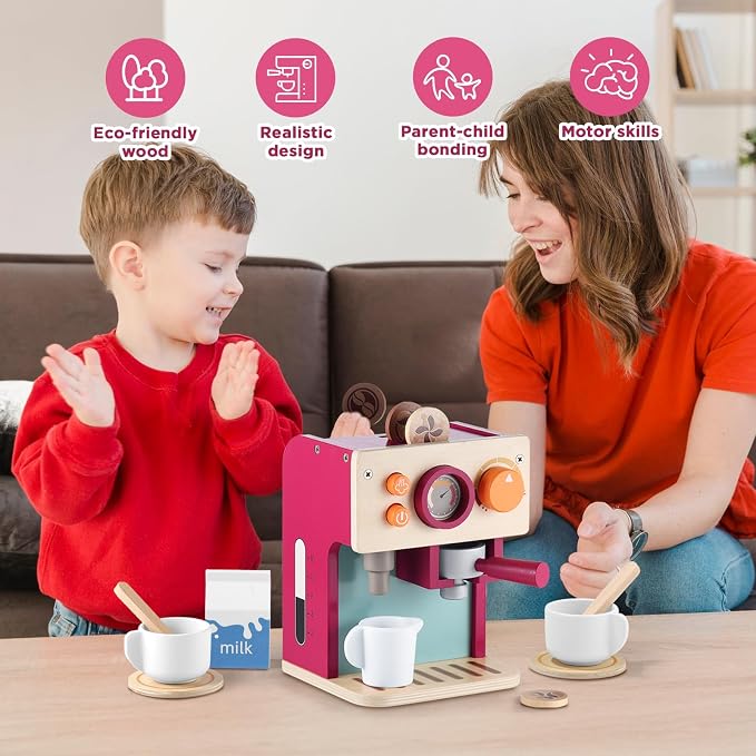 GAGAKU Wooden Coffee Machine Toy for Toddlers, Montessori Learning Toys for 3 4 5 Year Old Girls & Boys, Realistic Pretend Play Kitchen Accessories with Espresso Maker & Latte Art Set - Image 8