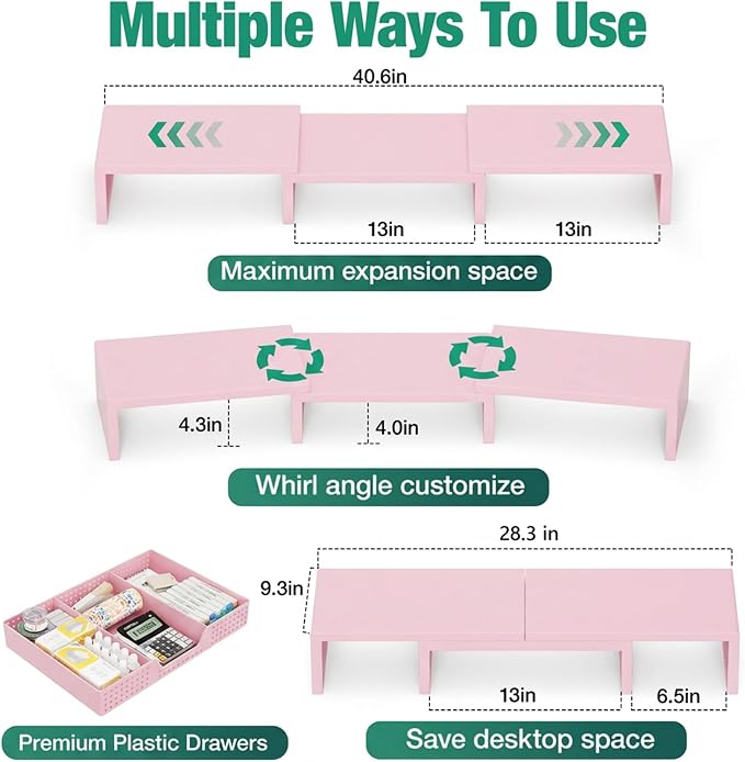 OPNICE Desk Organizers and Accessories, Dual Computer Monitor Stand Riser with Drawer, Office Decor for Women, Office Desk Accessories & Workspace Organizers for Home Office Supplies, Pink - Image 7