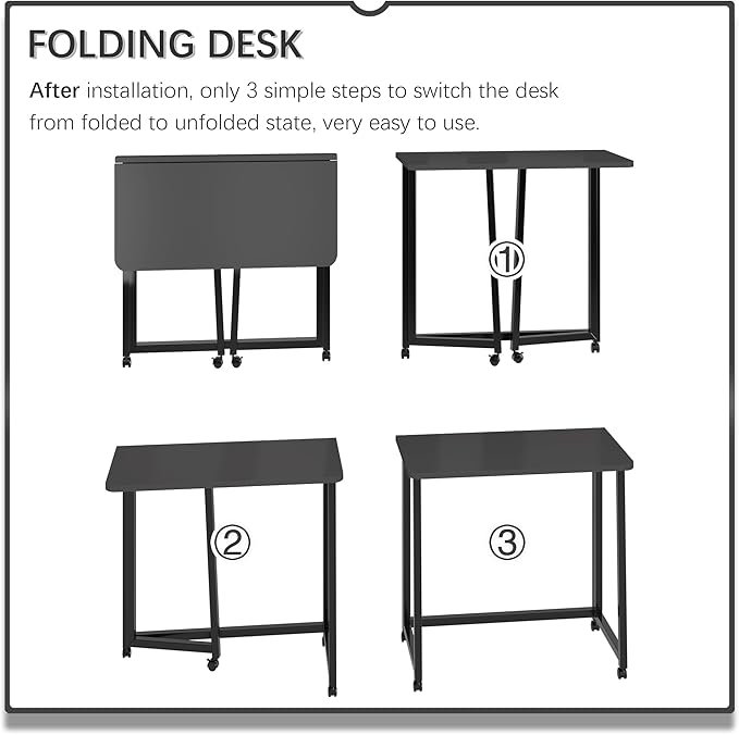4NM 23.6" Mobile Small Folding Desk, Foldable Rolling Computer Home Office Desk, Study Writing Table for Small Space Saving Bedroom, with Wheels - All Black - Image 6