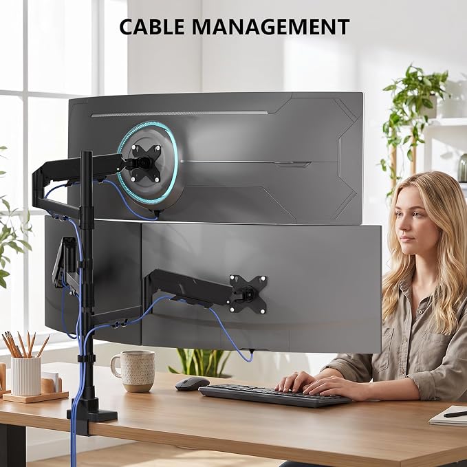 WALI Triple Monitor Mount for up to 49 inch Ultrawides on Top Bracket and 34 inch Screens on Side Brackets, Tall Triple Monitor Stand for Desk, Heavy Duty Monitor Arm up to 33 lbs (GSDM003XLN), Black - Image 7