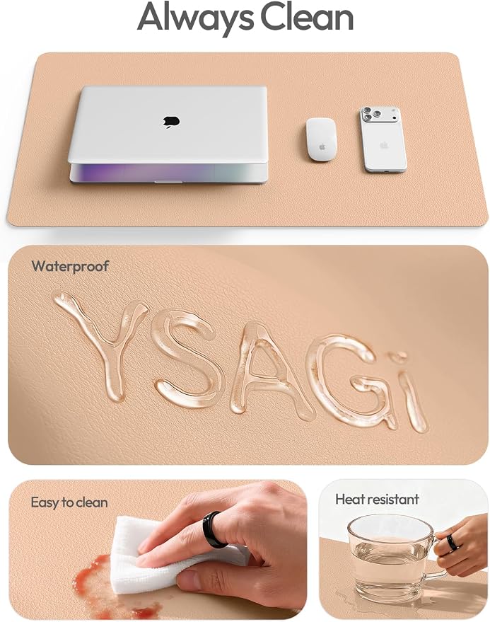 YSAGi Leather Desk Protector, Office Mat, Large Mouse Mat, Non-Slip PU Leather Blotter, Laptop Desk, Waterproof Writing Pad for Office and Home (Latte, 35.4" x 17") - Image 7