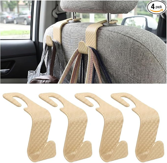 4PCS Car Seat Headrest Hooks, Auto Back Seat Hanger Holder, Durable Stylish Vehicle Organizer Universal Car Interior Accessories, Storage Hooks for Purses, Bags, Clothes (Carbon Fiber/Beige) by Hanemia