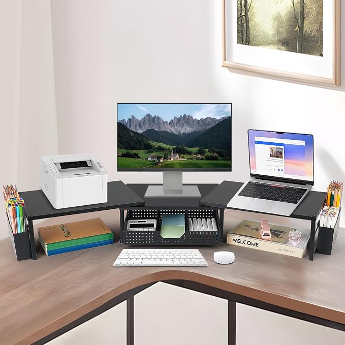OPNICE Desk Organizers and Accessories, Dual Monitor Stand Riser with Drawer and 2 Pen Holders, Desk Shelf Wood Computer Racks for Office Workspace Organizers, Desktop Organization (Black Wood) - Image 3