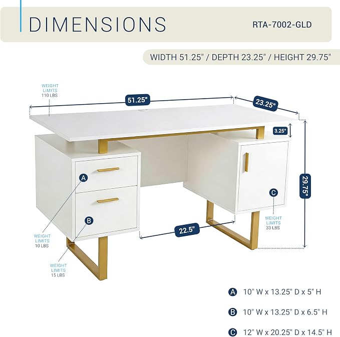 Techni Mobili Storage Drawers and Cabinet 51.25” W-Modern Office Large Floating Desktop Surface Desk, 23.6" D x 51.2" W x 29.8" H, White/Gold | Home office workstation, durable construction, everyday productivity, Ideal for home office, Workspace organ... - Image 3