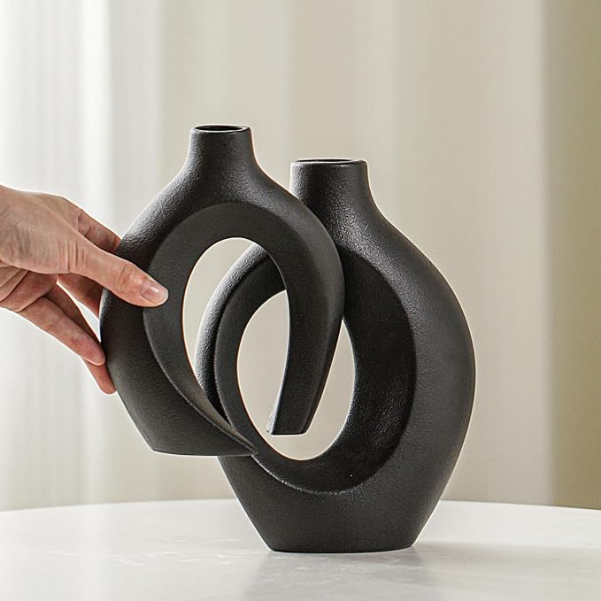 Lvases Snuggle Hollow Modern Ceramic Vase Set of 2, Mid Century Nordic Aesthetic Decorative Vase Decorative Vases for Home Table Decor (Matte Black W 6.3" X H 8.4") - Image 2