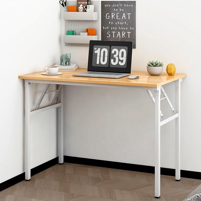 Need Office Computer Desk 39.3 Inch Sturdy Folding Laptop Table Teak | White Frame Writing Gaming Work Table/Foldable Home Office Desk/Sewing Table, No Assembly Required - Image 2