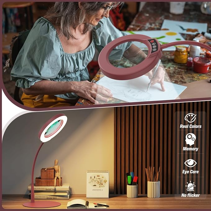 10X Magnifying Glass with Light and Stand, 5 Color Modes Stepless Dimmable LED Lighted Desk Lamp, Hands Free Flexible Gooseneck Magnifier with Light for Craft Hobby Painting Close Work - Red - Image 6
