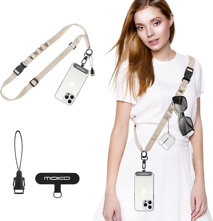 MoKo Universal Phone Lanyard, Nylon Adjustable Cell Phone Crossbody Strap Detachable Women & Men Cellphone Lanyards Around the Neck with Patches for iPhone, Most Smartphones, Light Khaki by MoKo