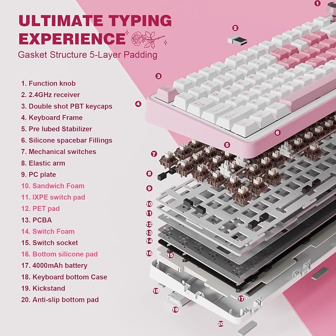 YUNZII B75 PRO 75% Wireless Mechanical Keyboard (White Heart,Cocoa V2) | Hot Swap Keyboard with Knob, Gasket Mount, Creamy Pre-lubed Switch for Smooth Typing, BT/USB-C/2.4G, for Gaming - Image 4