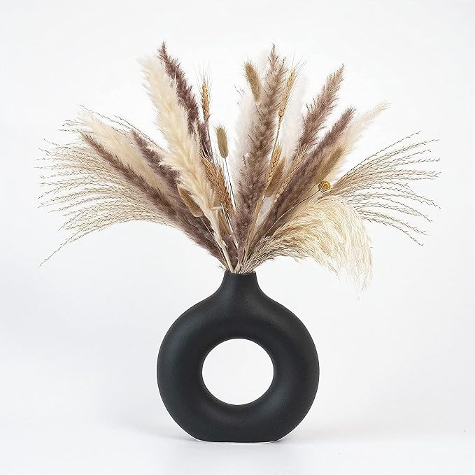 CEMABT Black Donut Vase Hollow Ceramic Vase for Flowers Handmade Minimalist Boho ins Style Modern Home Decor for Wedding Dinner Table Party Living Room Office Bedroom（M by CEMABT