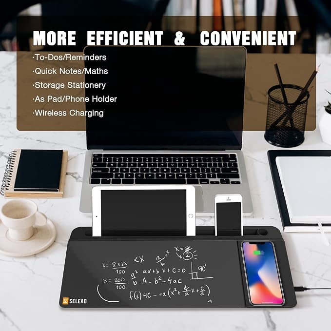 SELEAD Desktop Glass Whiteboard with Wireless Charger Station, Dry Erase Board Computer Pad Keyboard Stand with Organizer Drawer for Home, School, Office Desk Accessories, Black - Image 3