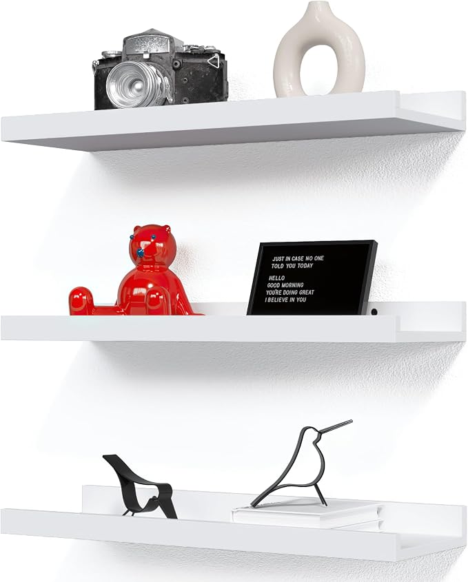 RICHER HOUSE 3-Set Floating Shelves with Lip, White Small Wall Shelf, 16In | Display Picture Ledge Shelf, Anti-drop lip Shelf for Room Wall Decor, Bedroom Bathroom Storage Nursery Books, Easy Setup,Wood by RicherHouse