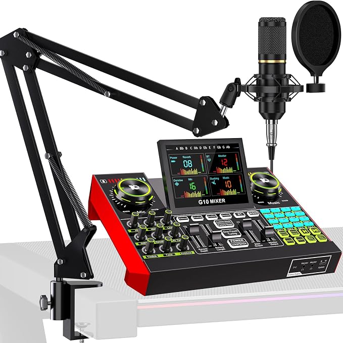 tenlamp Podcast Microphone Bundle with Live Sound Card Audio Mixer, Podcast Equipment Bundle with 3.5mm Boom Mic for Pc/Phone Live Streaming Singing Gaming, Sound Board with Voice Changer, Denoise by tenlamp