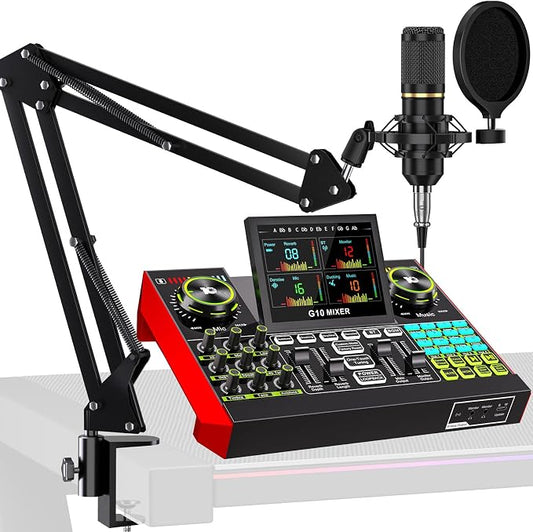 tenlamp Podcast Microphone Bundle with Live Sound Card Audio Mixer, Podcast Equipment Bundle with 3.5mm Boom Mic for Pc/Phone Live Streaming Singing Gaming, Sound Board with Voice Changer, Denoise by tenlamp