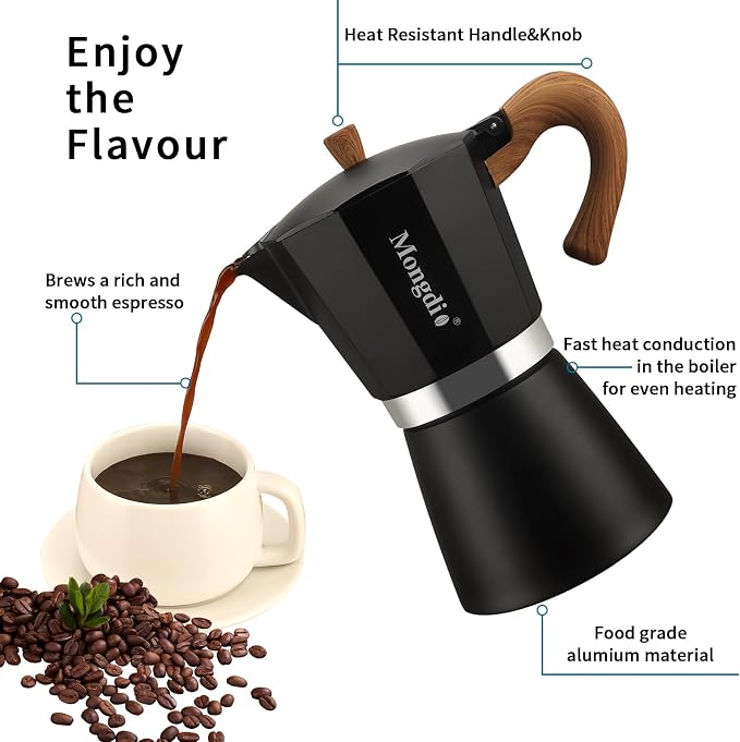 Mongdio Stovetop Espresso Maker Moka Pot, Cuban Coffee Maker Stove top coffee maker Moka Italian Espresso Greca Coffee Maker Brewer Percolator, 12 Espresso Cups, 20 oz - Black - Image 3