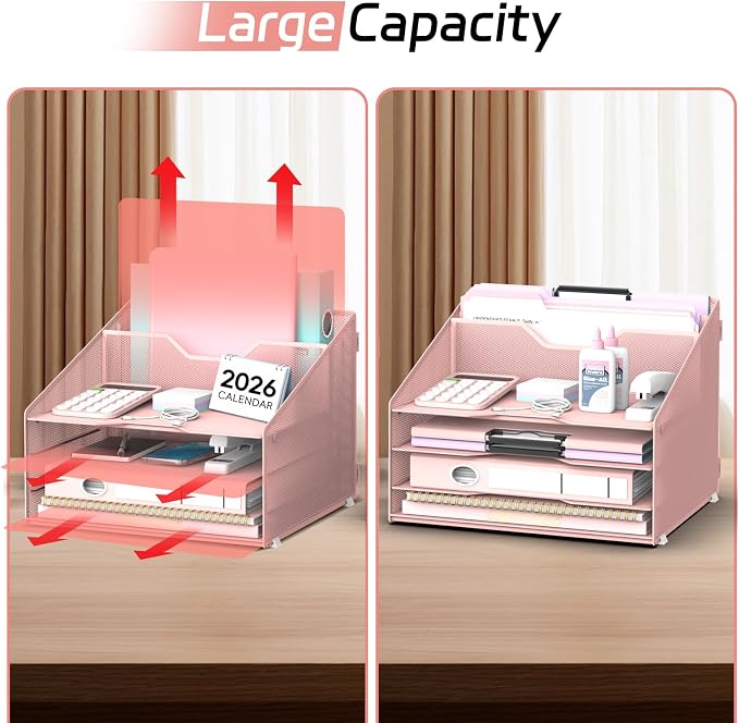 Desk File Organizer, 4 Letter Trays and 2 Upright Sections, Pink | Paper Organizer for Desk with Tiered Letter Trays and Vertical File Holders for Home Office, School and Workspace Use - Image 6