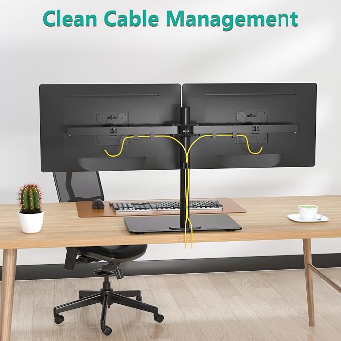 WALI Free Standing Dual Monitor Stand, Height Adjustable Monitor Mount with Glass Base, Fits LCD LED Flat Curved Screen up to 27 inch, 22lbs, with Grommet Base (GMF002) - Image 5