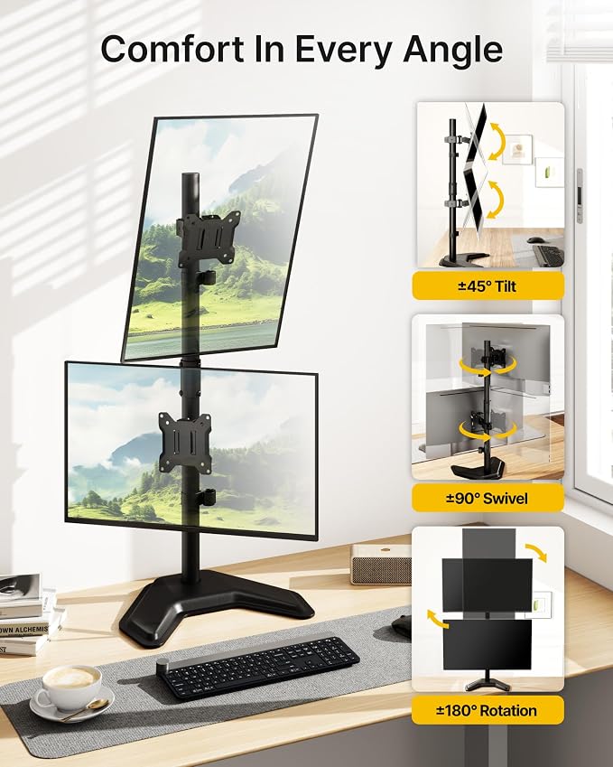 monTEK Freestanding Stacked Dual Monitor Stand for 17-32", 22 lbs Each | Solid V-shaped base, vertical dual-screen full-motion arms, height adjustment, tilt, swivel, rotation and VESA 75/100 - Image 3