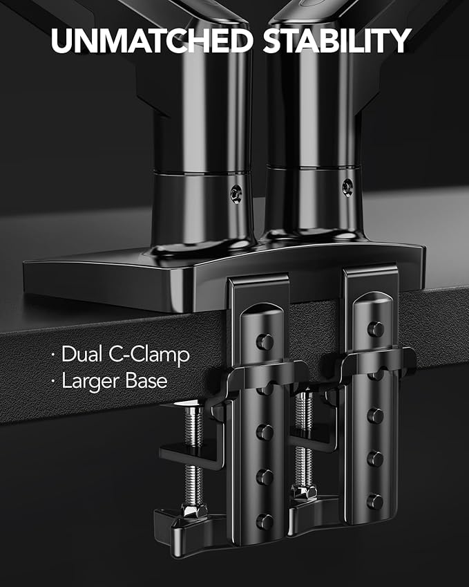 HUANUO Dual Monitor Stand, Fully Adjustable Gaming Monitor Desk Mount for 13–27″ Computer Screens, Full Motion VESA 75x75/100x100 with C-Clamp & Grommet Base, Each Arm Holds 4.4 to 19.8 lbs - Image 4