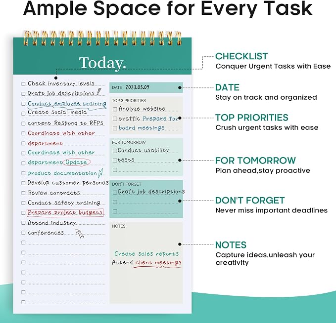 Taja To Do List Notepad, Undated Daily Planner for Work and Goal Setting | Multi, 52 Sheets, 9.8" x 6.5" , for Office, Home and school, Daily Task Planning, Notes and Everyday Organization, 6Pack - Image 2