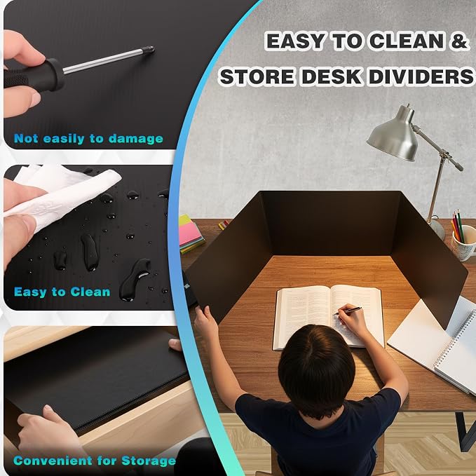 2Pack Black Desk Dividers for Student, Waterproof Plastic Privacy Folders for Classroom Students, Foldable Study Carrels Teacher Supplies, Easy-Clean Testing Dividers for Exam, Office & Library Focus - Image 4