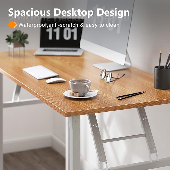 Need Office Computer Desk 39.3 Inch Sturdy Folding Laptop Table Teak | White Frame Writing Gaming Work Table/Foldable Home Office Desk/Sewing Table, No Assembly Required - Image 8
