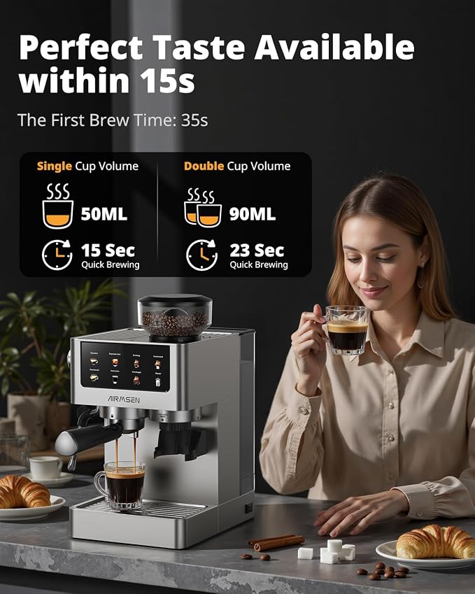 AIRMSEN Espresso Machines with Burr Grinder, 20 Bar, Milk Frother Steam Wand, Stainless Steel Coffee Maker for Home - Cappuccino Latte & ​​Cold Brew​​ Iced Coffee Maker & Americano - Image 7